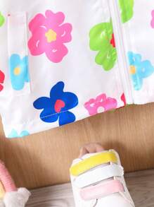 Baby Girl Casual Cute Floral Printed Zip-Up Hooded Jacket, For Autumn - White - View 5