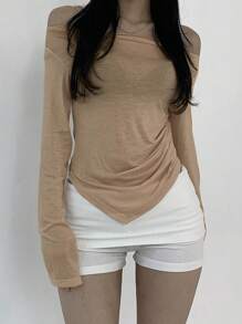 DAZY Áo thun nữ trơn màu hở vai viền bất đối xứng, áo dài tay mùa thu - Màu Cam san hô - Xem 3