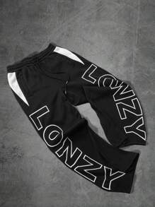 Manfinity EMRG Quần dài ống rộng in chữ có dây rút eo cho nam, quần áo mùa thu cho nam - màu đen - Xem 3