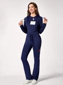 TaskEZ 1 Set Front Button Closure Long Sleeve Shirt And Drawstring Waist Pants Nursing Scrub Uniform Set - Navy Blue - View 5