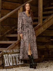 LanaWest Conjunto de vestido de manga larga con estampado floral y mangas farol, y falda asimétrica con estampado floral para mujer