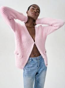 SHEIN Unity Cardigan de manga larga de cuello en V sencillo - Rosa Pálido - Ver 6
