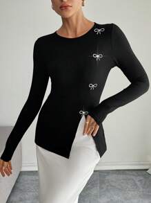 SHEIN Essnce Women's Fashionable Shiny Rhinestones Bow Decor Long Sleeve Crew Neck Casual Side Slits Black T-Shirt Slim Fit T-Shirt