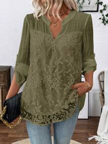 EMERY ROSE Embroidered Chiffon Casual Long Sleeve Loose Blouse Fall Cloth For Women - Olive Green - View 4