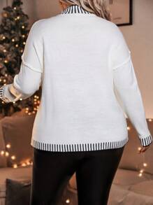 SHEIN LUNE Plus Size Striped Printed Mock Neck Casual Pullover Sweater Knit Pullover Fall Winter - Black and White - View 2