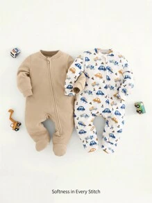 Cozy Pixies 2pcs Infant Baby Boys Cartoon Car Knitted Soft Crew Neck Long Sleeve Romper With Footed Pants Set