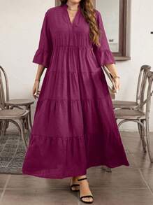 SHEIN LUNE Vestido casual de línea A hasta los tobillos de tejido con escote entallado para tallas grandes para el verano - Rojo violeta - Ver 1