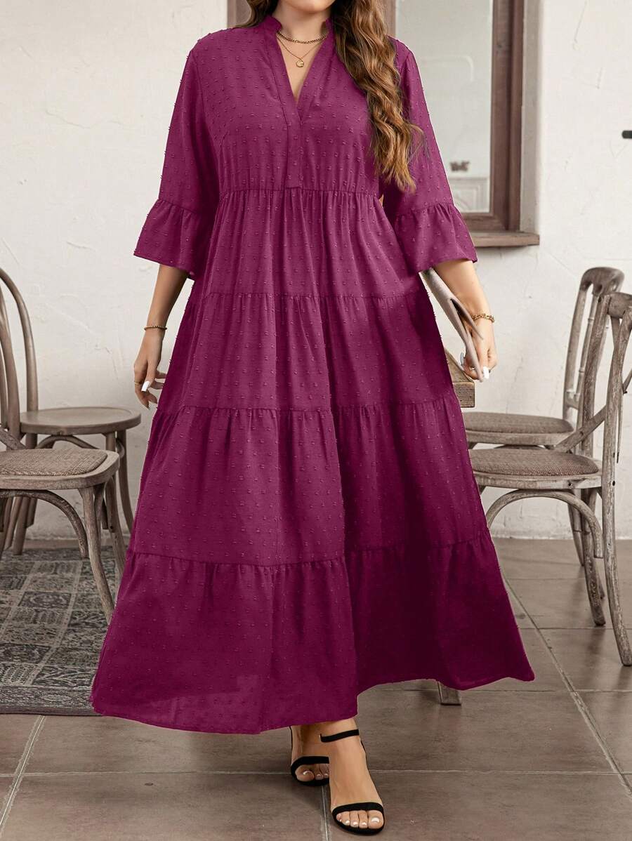 SHEIN LUNE Vestido casual de línea A hasta los tobillos de tejido con escote entallado para tallas grandes para el verano - Rojo violeta - Ver 1