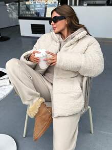 RueChic Teddy, Keep Warming Feature Puffer Winter Coat - Beige - View 1