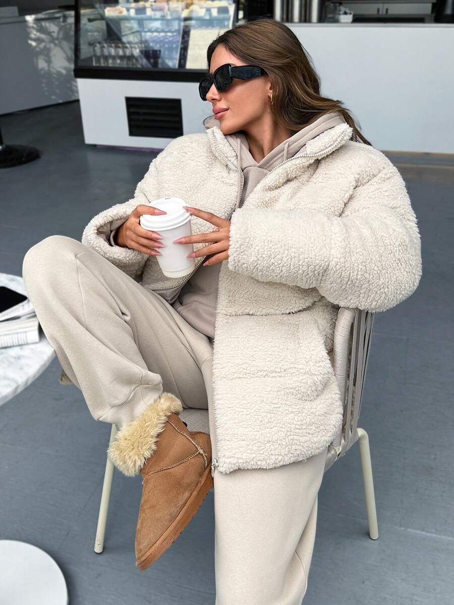 RueChic Teddy, Keep Warming Feature Puffer Winter Coat - Beige - View 1