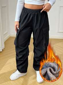 SHEIN EZwear 大码女式松紧腰休闲黑色长裤，带口袋 - 黑色 - 查看 7