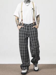 Manfinity Roghcode Men's Plaid Print Casual Denim Bib And Brace Overalls With Pockets