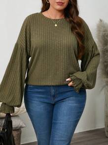 SHEIN LUNE Plus Size Loose Solid Color Round Neck Drop Shoulder Long Sleeve T-Shirt, Autumn Plus Size Fall Clothes - Army Green - View 4