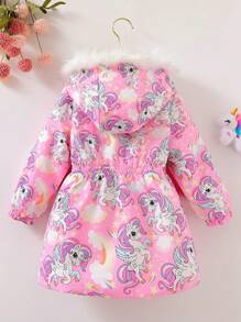 Elladie kids 年轻女孩可爱休闲连帽束腰独角兽和彩虹印花保暖内衬风衣夹克 - 粉色 - 查看 2