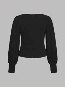 SHEIN Girlism Tween Girls' Casual Ribbed Crew Neck Puff Sleeve Long Sleeve T-Shirt Multi-Piece Set