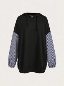 SHEIN LUNE 休闲宽松针织拼布条纹连帽卫衣连衣裙 - 彩色 - 查看 1