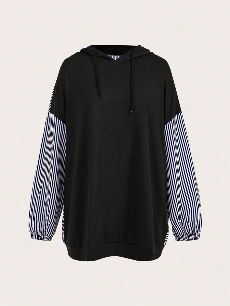 SHEIN LUNE 休闲宽松针织拼布条纹连帽卫衣连衣裙 - 彩色 - 查看 1