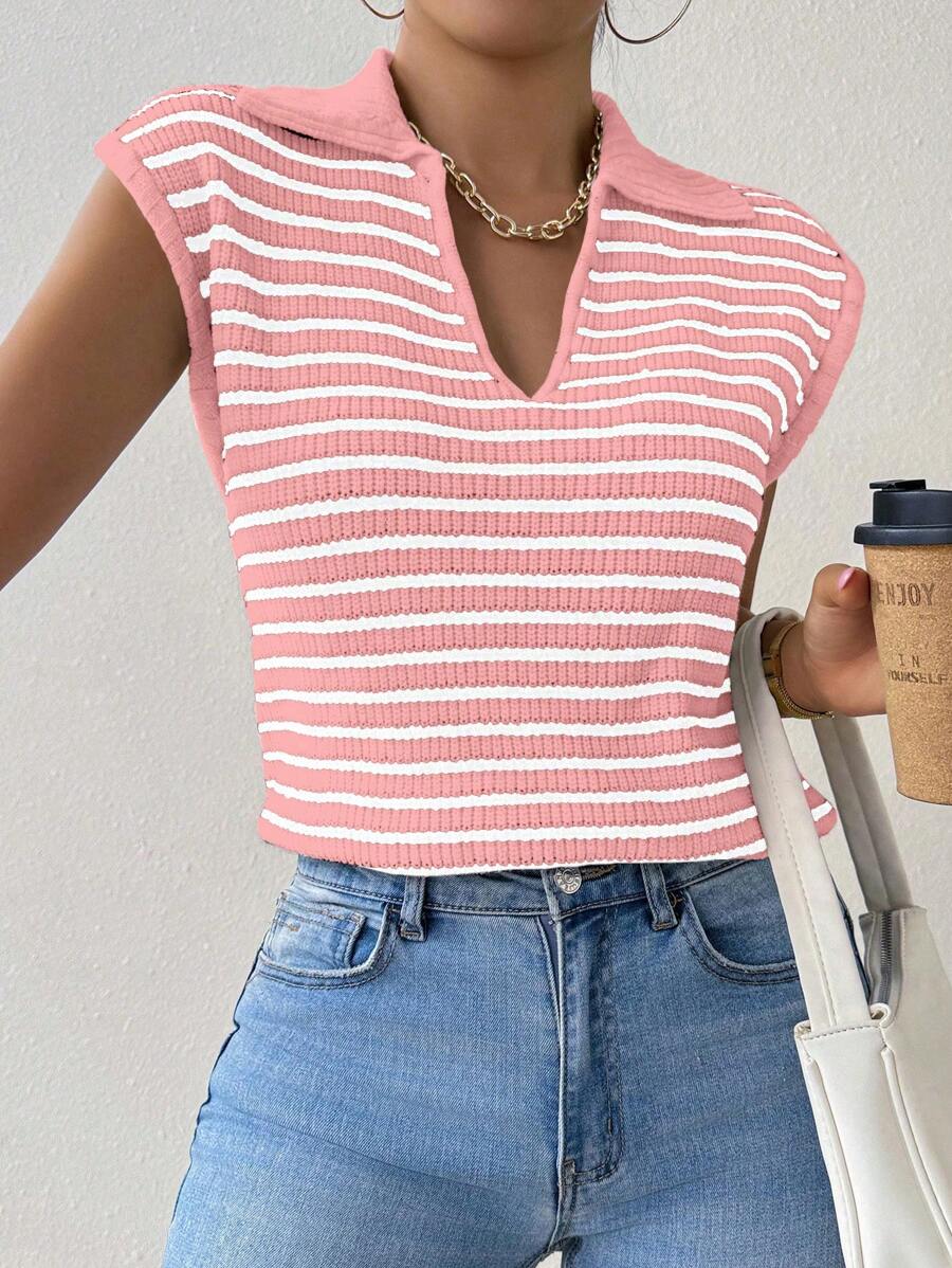 Chiquease Women's Collared Sleeveless Striped Minimalist Knit Sweater Vest, Casual Everyday Wear - Baby Pink - View 1