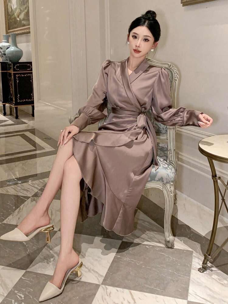 Solid Color Asymmetrical Ruffle Hem Dress For Women, Birthday Prom Dress,Fall Clothes Long Sleeve Dress Elegant Women Dresses