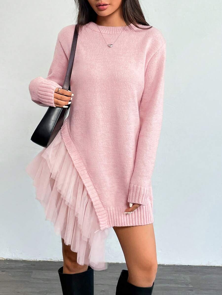 Chiquease Autumn Women Casual Crew Neck Ruffled Trim Net Yarn Mid-Length Sweater, Knit Pullover Fall Winter - Pink - View 1