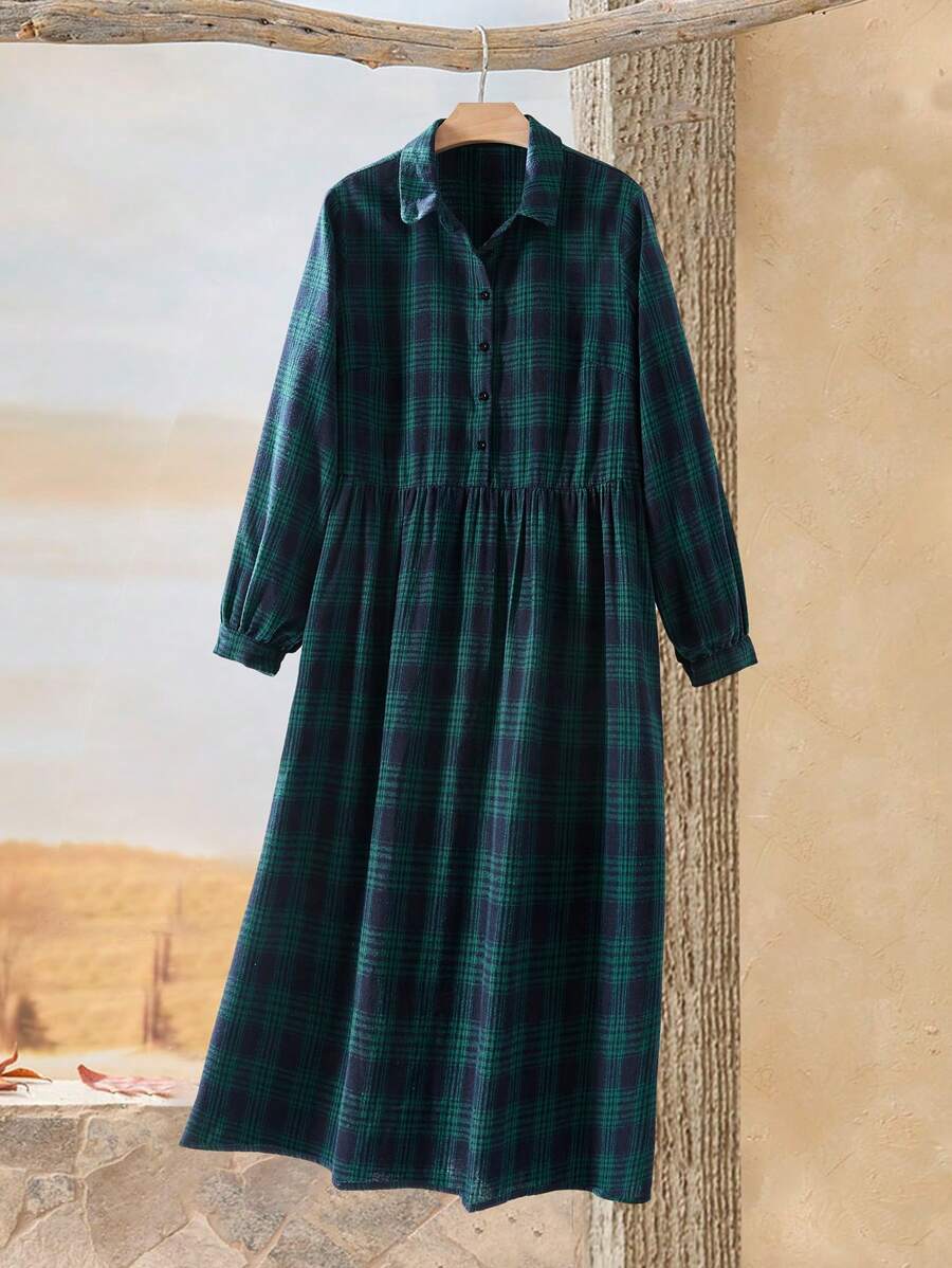 Rusticease Plus Size Women Plaid Long Sleeve Button Down Leisure Shirt Dress For Fall, Winter Women Clothes