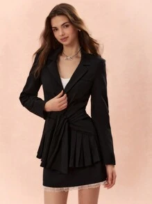 Enchnt 女士纯色单排扣荷叶边下摆优雅长袖西装外套 - 黑色 - 查看 3