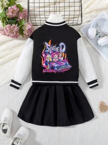 SHEIN New Fashion Autumn/Spring 4-7 Years Old Girls Young Girl Casual Preppy 2pcs Outfit, Black Knitted Ribbed Long Sleeve Jacket With Racecar Girl Graphic Print Back, Colorblock Cardigan And Black Pleated Skirt