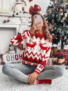 SHEIN LUNE Women's Round Neck Loose Deer Pattern Detail Long Sleeve Casual Sweater, Knit Pullover Fall Winter - Red - View 4
