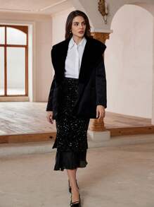 SHEIN Privé 天鹅绒翻领系腰修身休闲夹克 - 黑色 - 查看 6