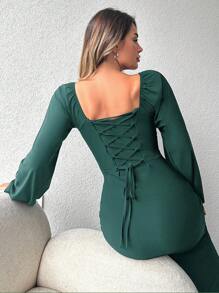 SHEIN Cottnline Lantern Sleeve Square Neck Tie Back Dress - Dark Green - View 2