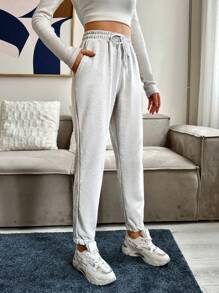 RueChic Drawstring Jogging And Casual Sweatpants With Slanted Pockets And Cuffed Ankle - Light Grey - View 4
