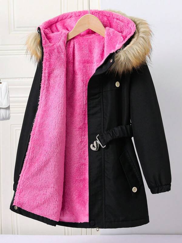 SHEIN Tween Girl Fashionable Fur Collar Long Coat