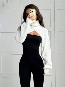 SHEIN EZwear Suéter corto de cuello alto liso, informal, de manga larga para otoño e invierno - Blanco - Ver 1
