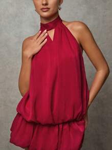 SHEIN BAE Women's Wine Red Summer Elegant Night Out Chiffon Gathered Backless Balloon Bud Skirt Culottes Halter Neck Fashion Mini Dress Cocktail Party - Apricot - View 3
