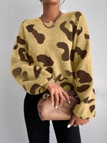 SHEIN Unity 1pc Autumn/Winter Casual Leopard Print Sweater Knit Pullover Fall - Yellow - View 7