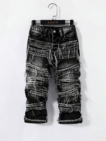 SHEIN 年轻男孩休闲时尚男孩服装舒适宽松黑色牛仔布流苏牛仔男孩裤子适合日常穿着和返校服装