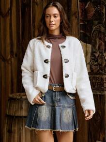 LanaWest Women's Casual Metal Buckle Long Sleeve Pocket Jacket, Autumn & Winter Fall Cloth For Women - White - View 4