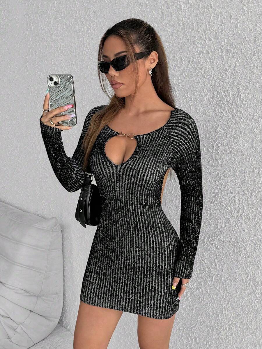 SHEIN Unity Women's Simplet Daily Long Sleeve Backless Dress With Chest Cutout - Black - View 1