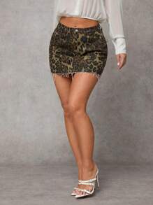 SHEIN Essnce 女士休闲牛仔迷你裙，豹纹蝴蝶结，豹纹裙，圣诞女装，冬季女装， - 彩色 - 查看 5