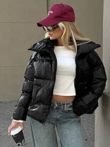 SHEIN Cottnline SHINY FABRIC BLACK PUFFER WOMEN WINTER COAT - Black - View 1