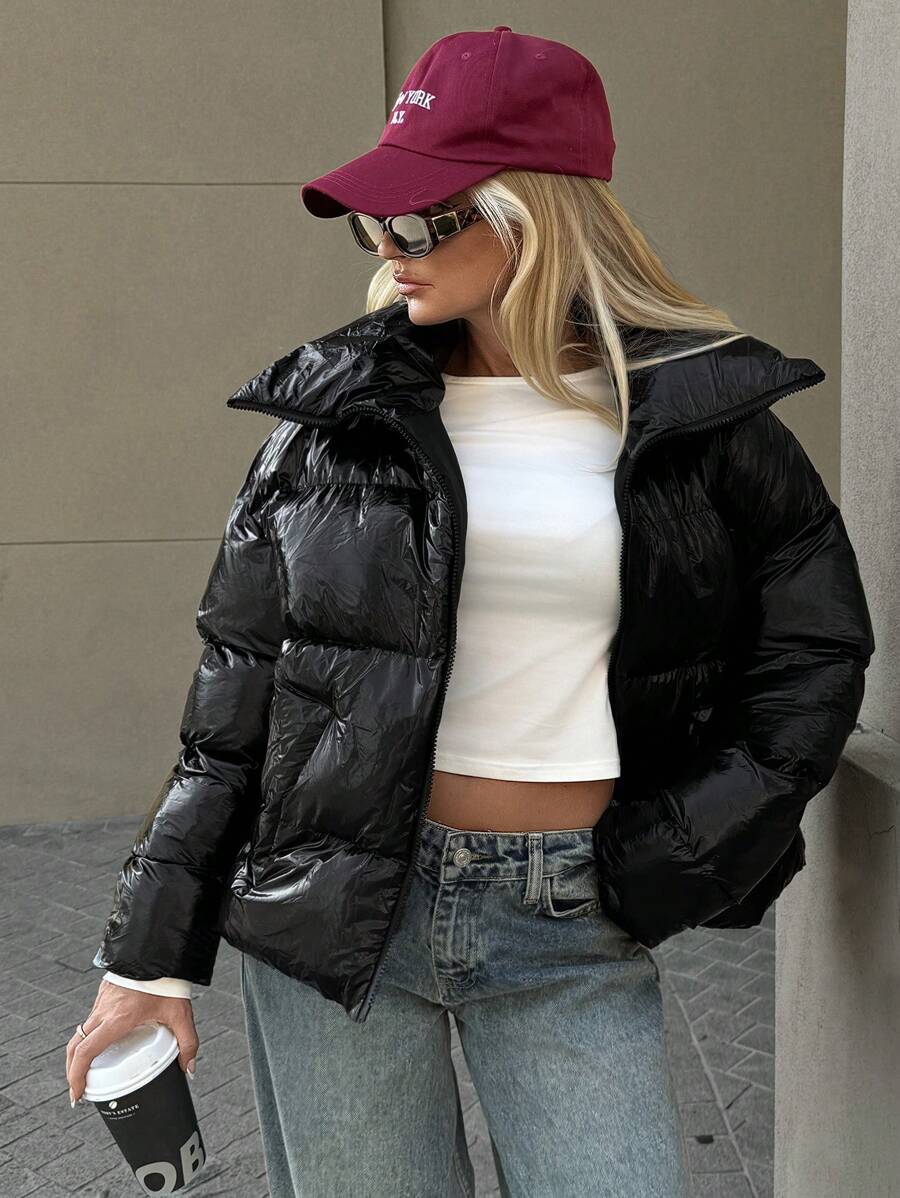 SHEIN Cottnline SHINY FABRIC BLACK PUFFER WOMEN WINTER COAT - Black - View 1