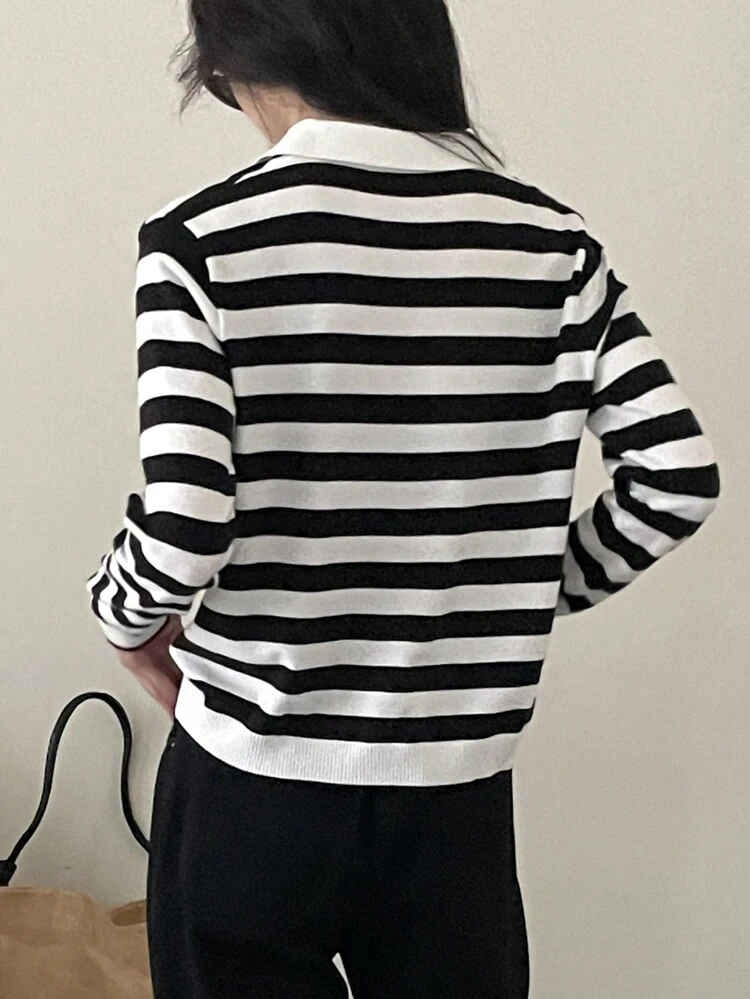 Striped Print Collared Casual Long Sleeve Pullover Sweater Fall