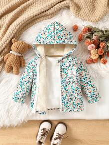 SHEIN Vintaside Kids Veste d'hiver à capuche avec motif floral vintage pour bébés filles, doublure thermique, style casual