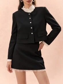 Enchnt Autumn Romantic Women's Black Cute Elegant Contrast Lace Flap Blazer And Pencil Skirt Suit Set,Two Pieces Outfits