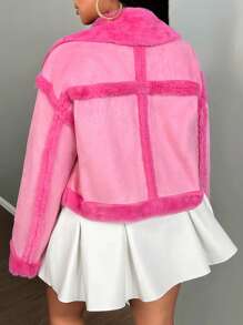 Women Faux Fur Coats - Hot Pink - View 2