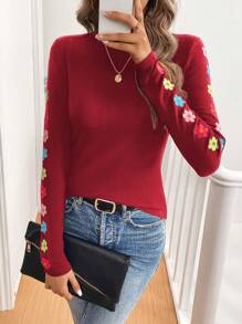 SHEIN LUNE Women Black Floral Print Mock Neck Tight Fit T-Shirt Top