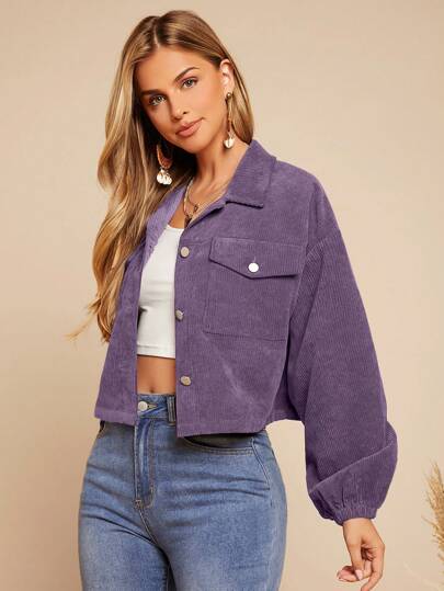 SHEIN LUNE Chaqueta casual de mujer de un solo pecho con bolsillo cargo, mangas largas de hombros caídos y unicolor, para otoño