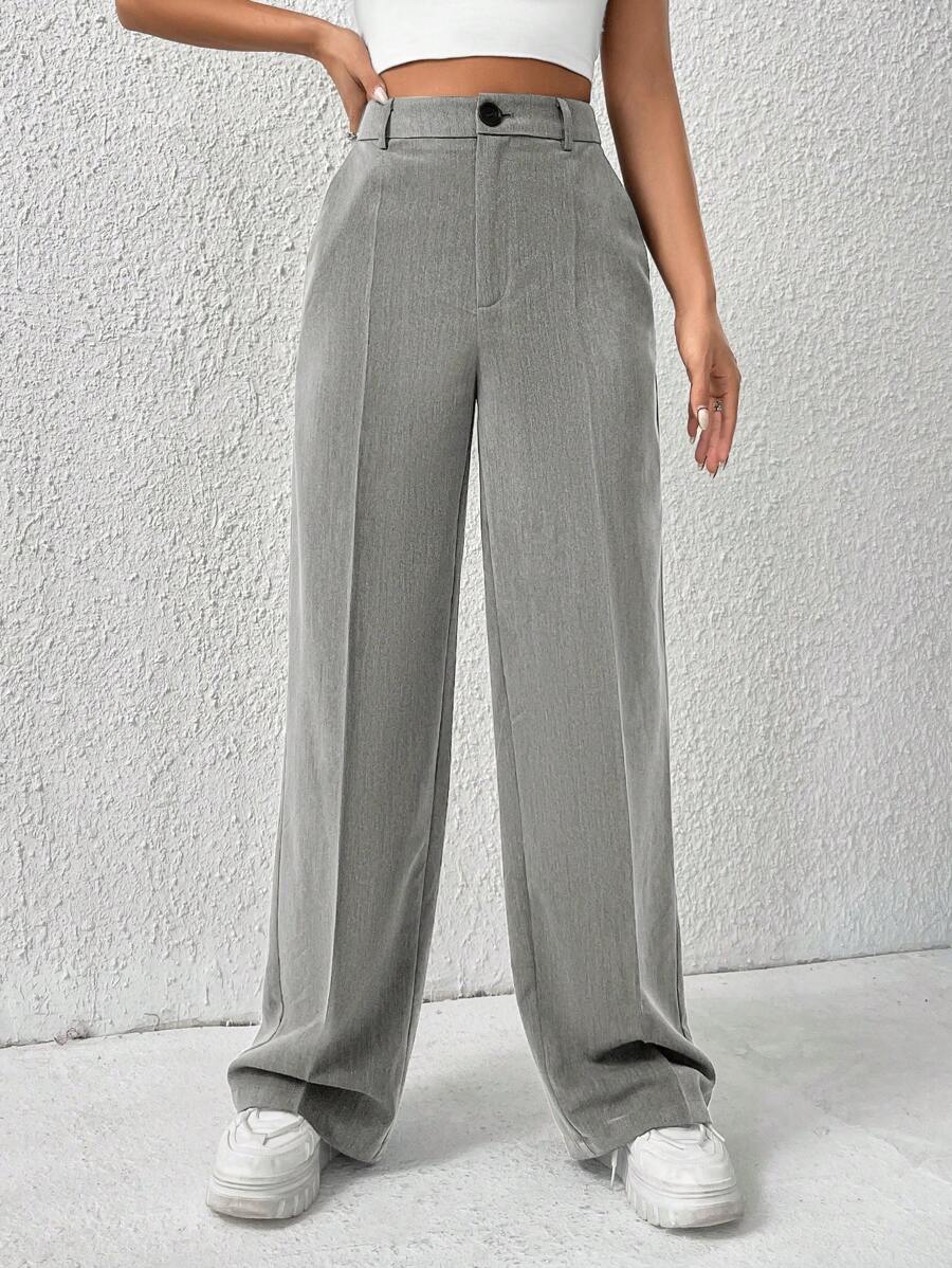 SHEIN EZwear Bộ vest cạp cao màu xám đậm trơn mùa xuân, quần ống đứng cho mùa thu/đông - Màu Xám nhạt - Xem 1