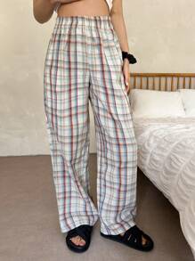 DAZY Elastic Waist Plaid Print Casual Lounge Pants, Fall Pajama, Winter