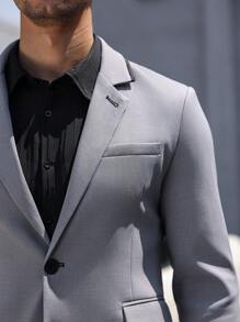 Manfinity Bizformal Men's Solid Color Stand Collar Long Sleeve Jacket & Pants Business Suit Set, Autumn - Grey - View 6